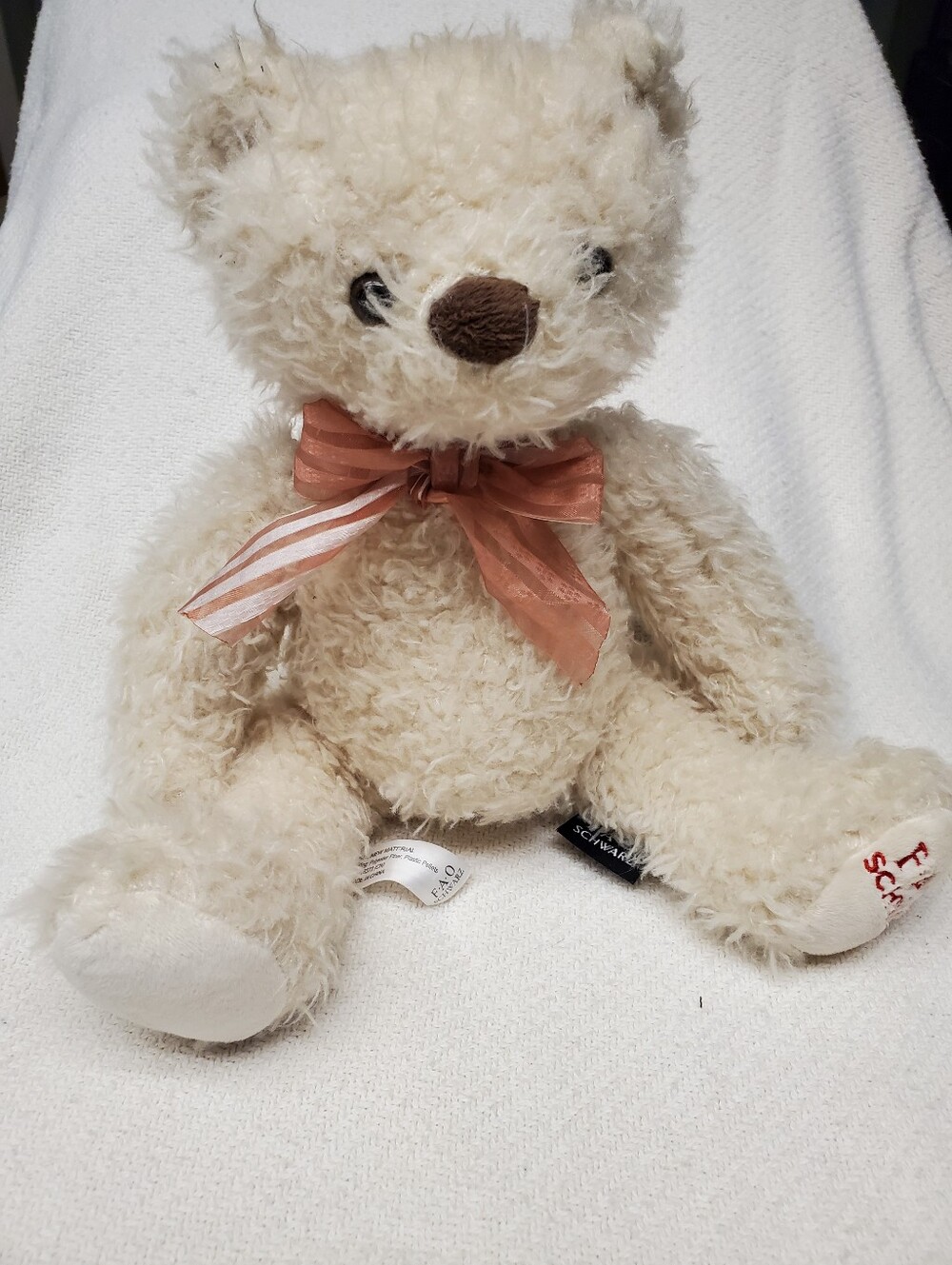 FAO Schwarz Curly Plush Teddy Bear Cream White Pink Bow Beanie Fill 12" VTG